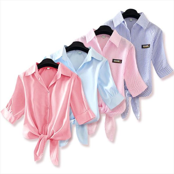 

fashion short blouse women shirt front tie plus size 4xl 2020 new spring feminina blusas pink white blue yellow ladies shirt