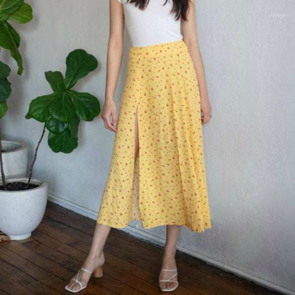 

pastoral yellow floral high waist side slit small fishtail fresh skirt women's retro french midi-skirt1, Black