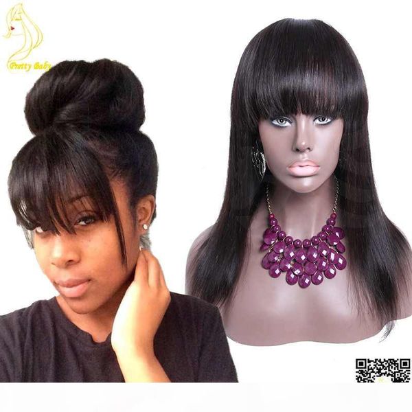 

glueless full lace human hair wigs with bangs brazilian straight human hair wigs with ponytails full air bangs full lace with baby hair, Black;brown