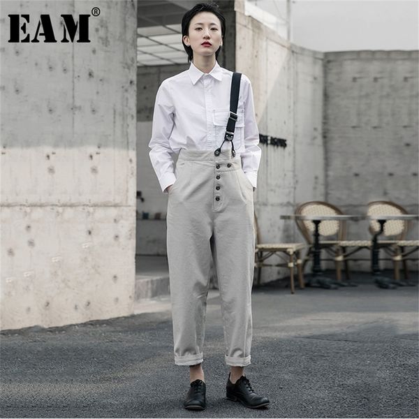 

[eam] high waist geay button split joint leisure trousers overalls new loose fit pants women fashion spring autumn lj200819, Black;white
