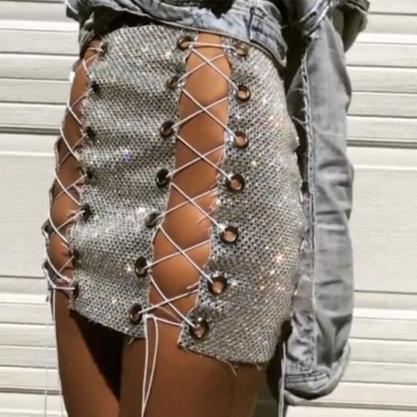 

2017 women silver sequin mini skirt eyelet lace up pencil skirts fashion slim casual package hip latex short skirt1, Black