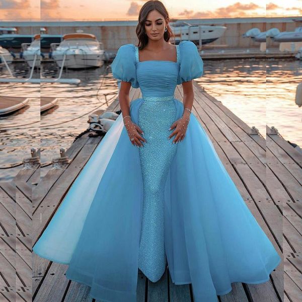 

sequined middle east overskirt prom dress mermaid evening dress short sleeves vestido de fiesta de boda, Black