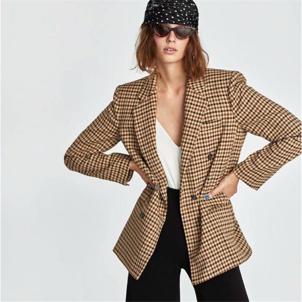 

la cisne 2021 street style new plaid double-breasted blazer women's suits for women, Black