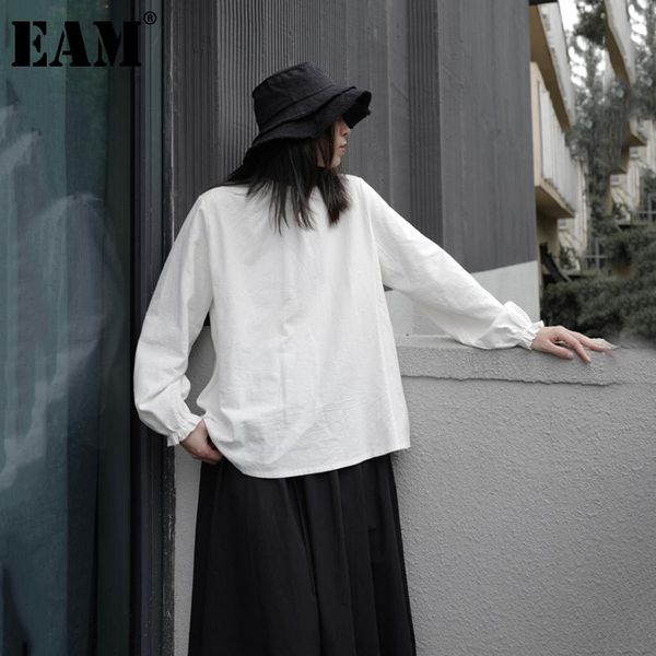 

eam] women white brief big size blouse new stand collar long sleeve loose fit shirt fashion tide spring autumn 2020 1db193