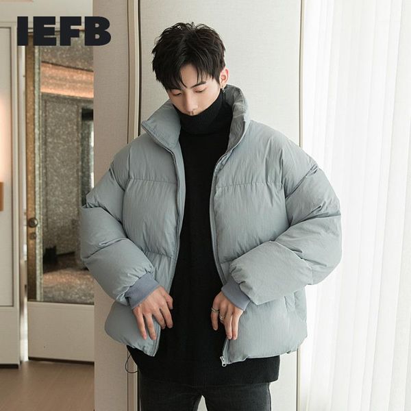 

iefb men's short thick cotton padded jacket loose casual stand collar streetwear fashion winter coat for male elastic hem 9a4781, Black