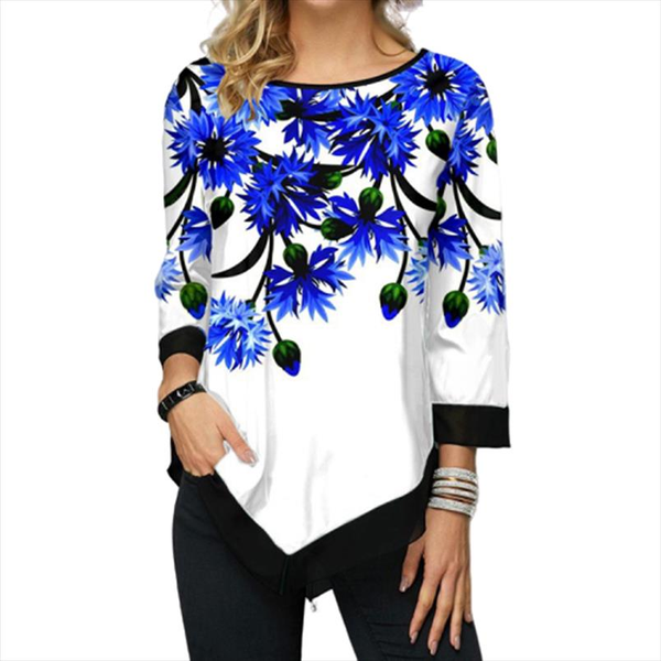 

3d blue floral print long tshirt women summer 2020 casual round neck tees large size 3xl 4xl 5xl elegant lady shirts, White