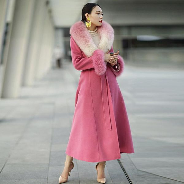 

customize wool cashmere coat luxury handmade x-long skirt type coat with real fur collar rich women high end clothing, Black