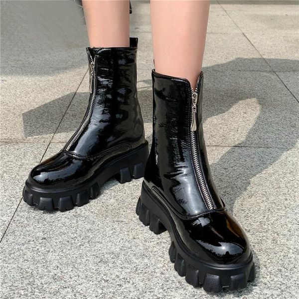 

new goth sneakers women patent leather high heel front zip riding boots high platform oxfords round toe party pumps, Black