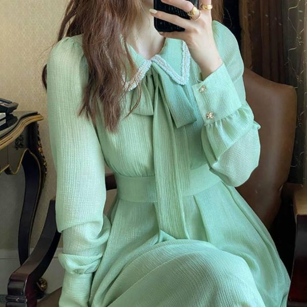 

casual dresses french retro dress women ruffled collar long sleeve vintage bow solid fairy chic party one-piece korean style, Black;gray