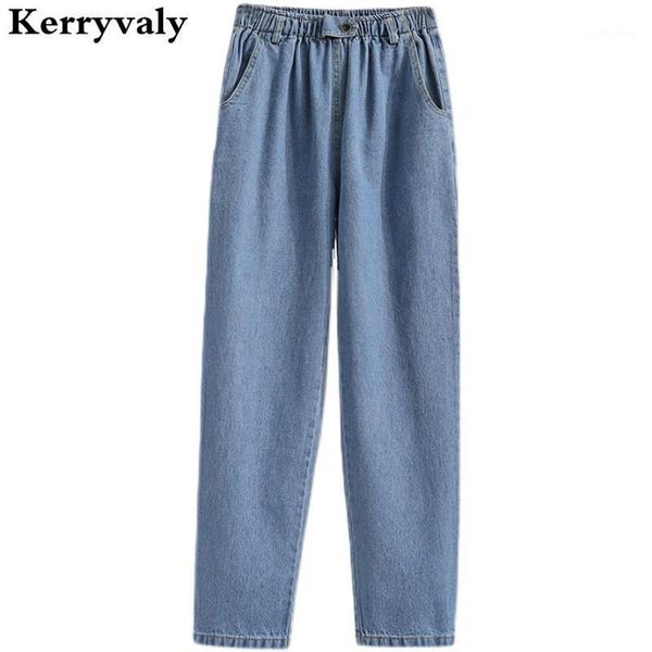 

vintage high-waisted washing denim cotton straight barrel casual harlan pants women 5xl large size pipe radish jeans k79331, Blue