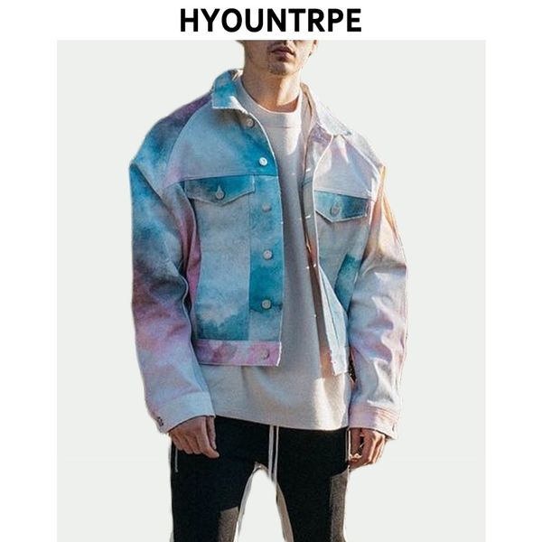 

fashion sky printed jeans jackets coat men casual single breasted turn down collar denim streetwear new hip hop outerwear jacket lj201013, Black;brown