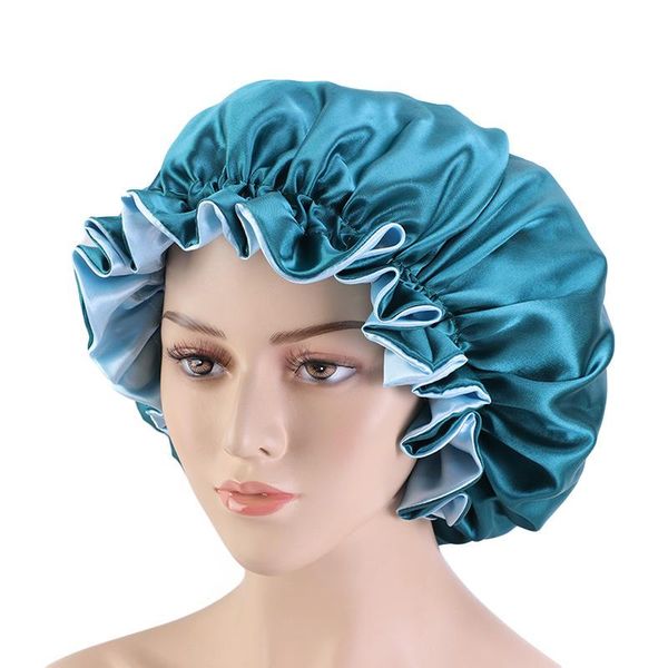

beanie/skull caps 2021 satin bonnet sleeping cap double color ding big lace nightcap extra large round hair care, Blue;gray