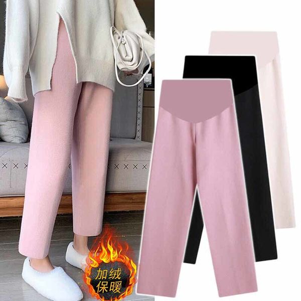 

pregnant women's knitted net infrared wear leggings fashionable autumn and winter plush wide leg pants, White