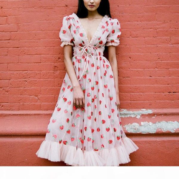 

women's strawberry dress sweet mesh vestidos autumn 2020 v neck puff sleeve dress pleated patchwork lace up party dresses t200827, Black;pink