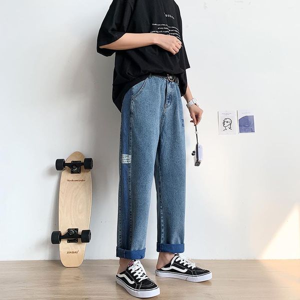 

straight jeans men's fashion washed contrast color retro jeans pants men streetwear hip-hop loose casual denim trousers mens1, Blue