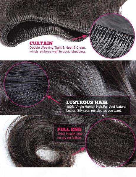 

greatremy 3pcs brazilian hair bundles with closure 1pc human virgin hair weave full head peruvian hair extensions weave, Black