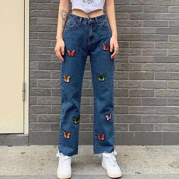 

butterfly embroidery denim pants women fashion baggy y2k jeans for girls female 2021vintage high waisted trouser harajuku capris, Blue