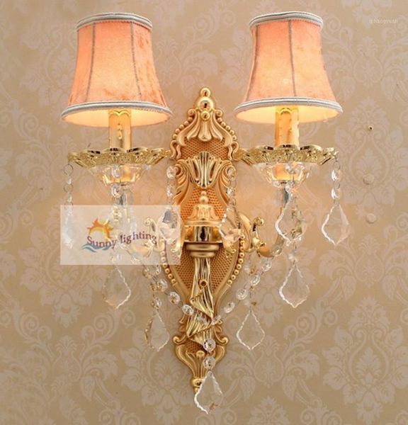 

home deco 2-arm gold wall lamp crystal drops bedside bathroom led indoor lighting 110-240v modern cloth lampshade wall sconce1