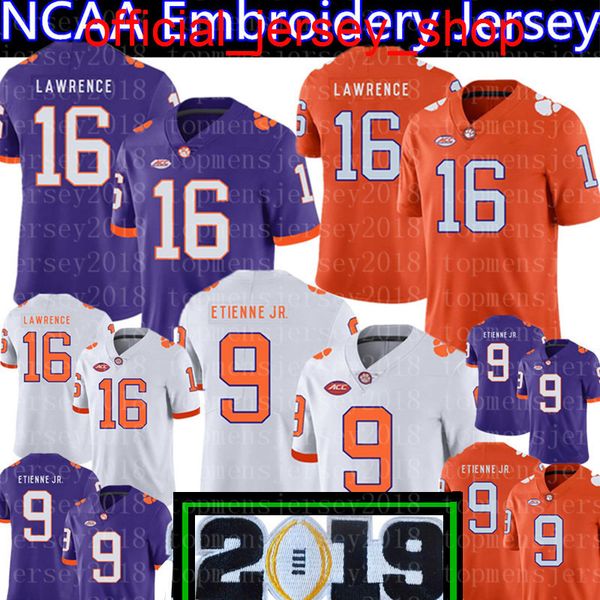 

clemson tigers 16 trevor lawrence 9 travis etienne jr. jersey 2019 championship patch football jerseys white orange purple --, Gray