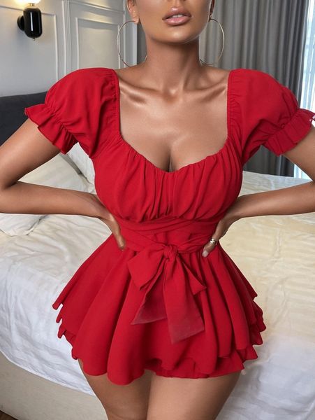 

sxy sweetheart neck flounce sleeve belted layered hem romper 859e#, White