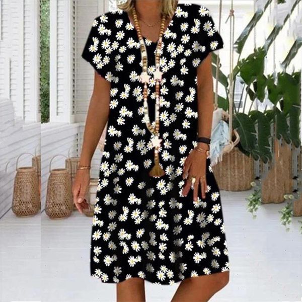 

2021 new women summer dress fashion print v neck loose big swing casual beach style large ladies plus size dress, Black;gray