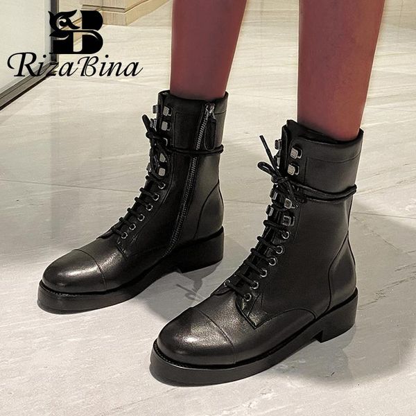 

rizabina women ankle boots genuine leather rivets woman winter shoes fashion warm short boots woman daily footwear size 34-39, Black