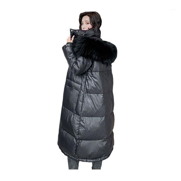 

women x-long winter jacket hooded fur collar detachable windproof pu down coat oversize cotton padded parkas1, Black