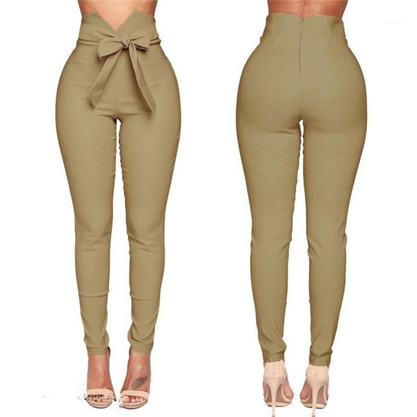 

fashion women high waist casual pants fashion ladies bowknot long slim skinny pants bandage elastic pencil trousers with sashes1, Black;white