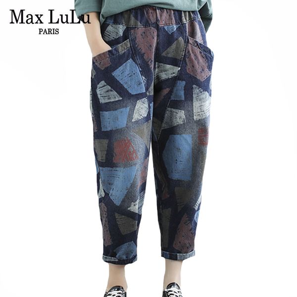 

max lulu 2020 autumn new korean womens printed denim trousers ladies vintage elastic jeans female casual harem pants plus size c0115, Black;white