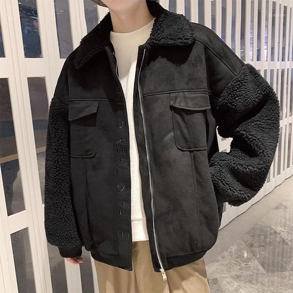 

fashion zipper jacket patchwork loose oversized casual korean style jacket lambswool winter ropa de hombre coat men de50mmf1, Black