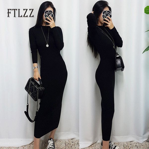 

vintage bodycon dress women black o-neck long sleeved slim long robe ladies fashion autumn winter knitted sweater casual dresses lj201202, Black;gray