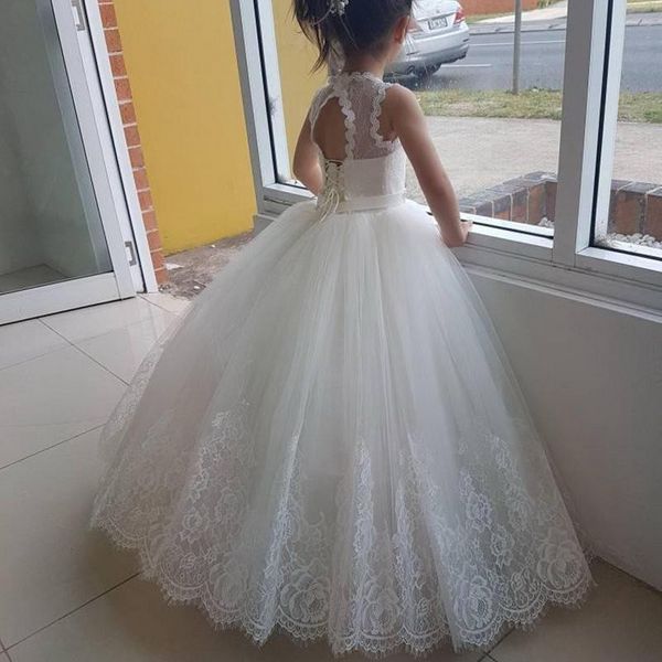 

white ivory flower girls dress lace appliques tulle floor length backless first communion fluffy party dresses210v, White;blue