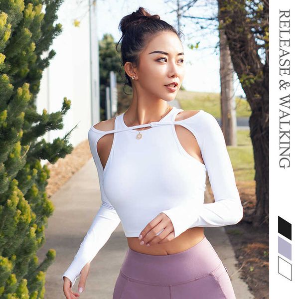 

r&w sports women vest long sleeve t-shirt grop exposed navel thumb holes fitness fashion womens shirts tight workout, Black;blue