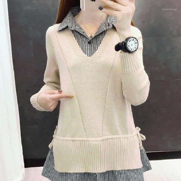 

ladies sweater women autumn winter clothes 2019 knitted pullover knitwear false two piece loose female a57591, White;black