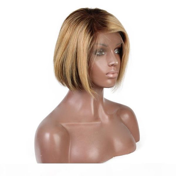 

highlights color full lace human hair wigs short bob wig brazilian remy hair 13x6 deep part lace front wig 8inch 150% density, Black;brown