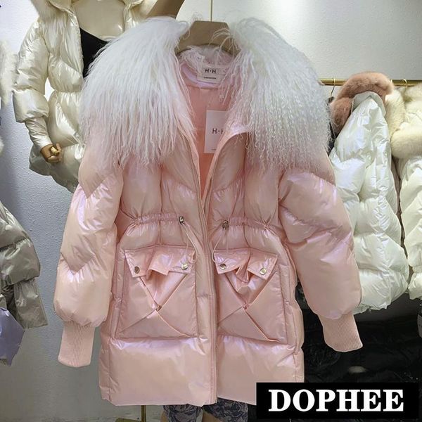 

2020 korean large fur collar bright face long parka warm down cotton-padded jacket women's fashionable winter cotton coat, Black