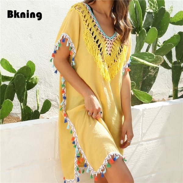 NEUE Quaste Strand Kleid Fringe Cover Up Damen Gelb Beachwear Sommer Frauen Chiffon Quasten Badeanzug Cover Ups Weiß Schwarz T200324