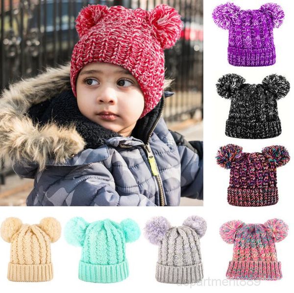 

kids knit cap crochet pom beanies girls soft double balls winter warm knitting hat beanie outdoor baby ski caps party hats gwa1851