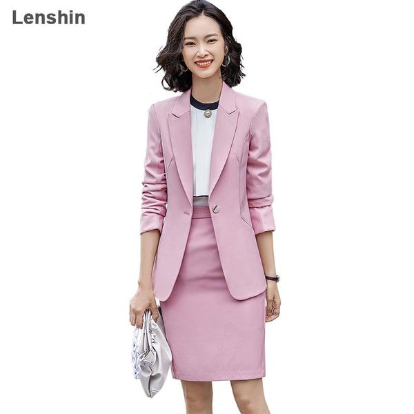 

lenshin 2 piece elegant formal pink skirt suit fashion binding blazer office lady uniform designs women business sets, White