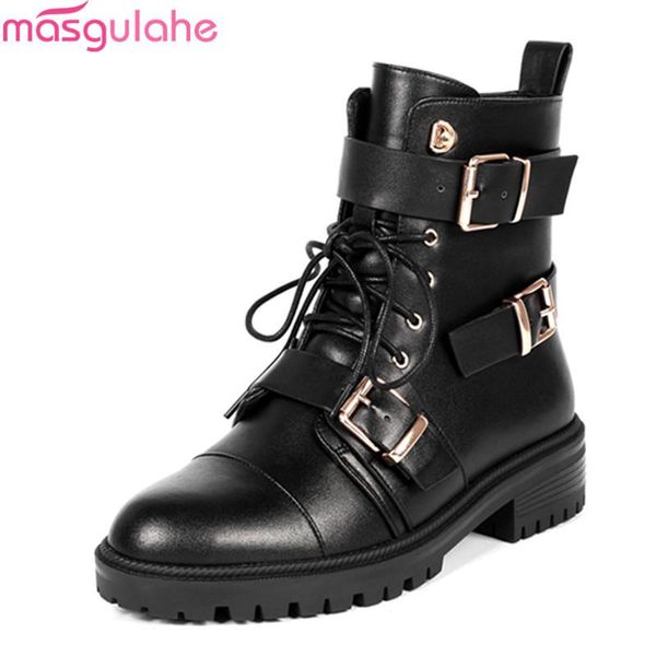 

boots masgulahe 2021 arrive fashion genuine leather women low heel round toe buckle winter keep warm ankle black