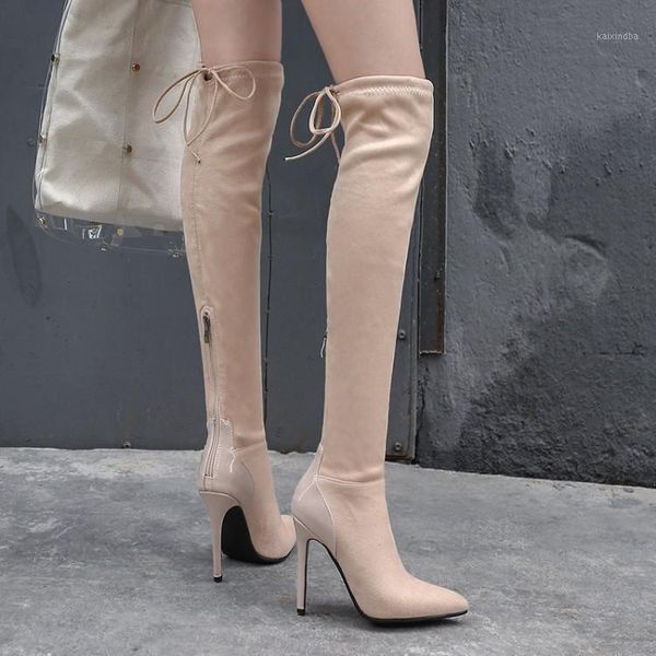 

boots over the knee women high slim heel pointed side zipper lace up for woman socks1, Black