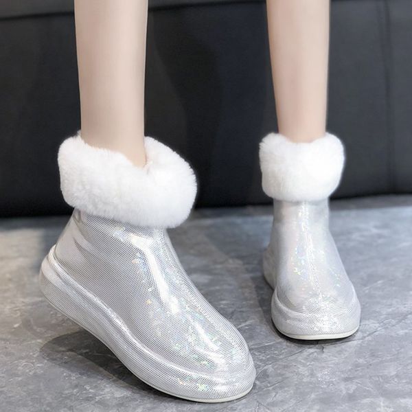 

2021 the new bright white sequins flat snow women dwaterproof platform water winter ankle teddy boots cotton shoes ladies ngyc, Black
