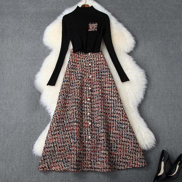 

autumn winter black long sleeve stand neck knitted panelled sweater tweed plaid print long skirt two piece 2 pieces set n11t10448, White