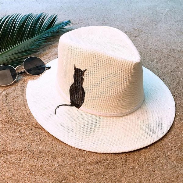 

wide brim hats fashion women summer straw panama hat for lady beach sun with handmade paint cat sunbonnet size 58cm1, Blue;gray