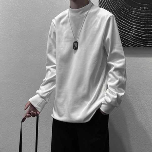 

autumn and winter men's t-shirt round neck business casual loose solid color1, White;black