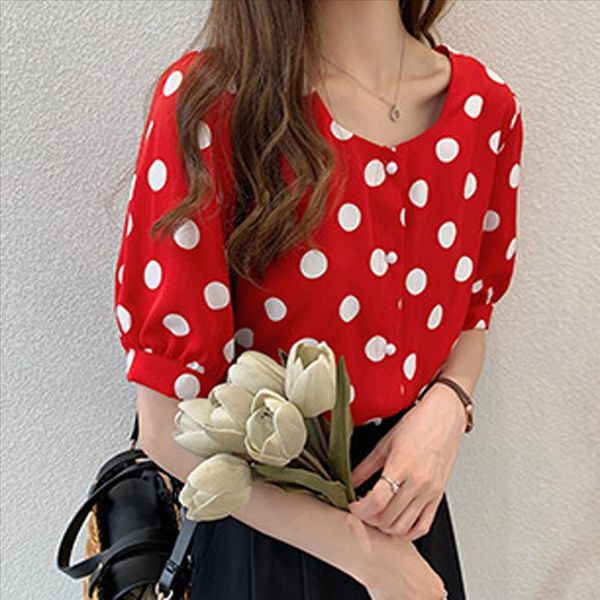 

20 women summer blouse casual short sleeve polka dot printing o neck casual womens and blouses button shirts red camisas, White