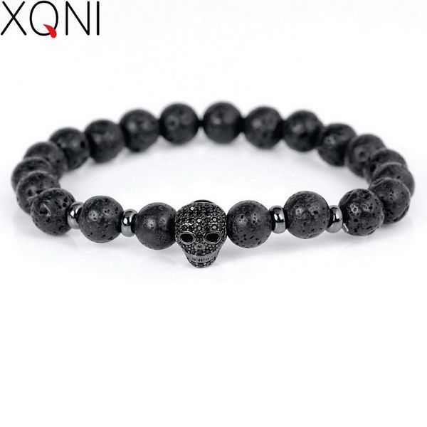 

trendy mini skull micro pave strand lava stone beads bracelets vintage black cz men's charm bracelets jewelry wmtsvx, Golden;silver