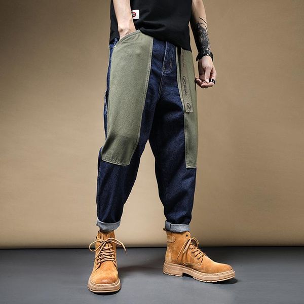 

hip hop blue patchwork straight baggy jeans men streetwear cotton loose denim pants