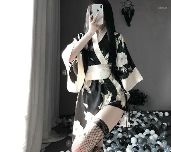 

japanese floral kimono big bow gown cosplay outfit for women soft silk1, Red;black