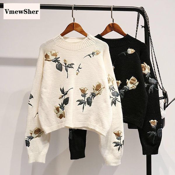 

women's sweaters vmewsher floral embroidery women sweater short 2021 autumn vintage knitwear preppy style high-waisted pullovers top, White;black